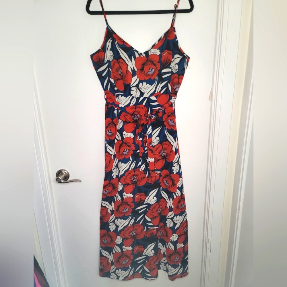 Sz L- Floral Red Blue Maxi Dress - Funky Soul